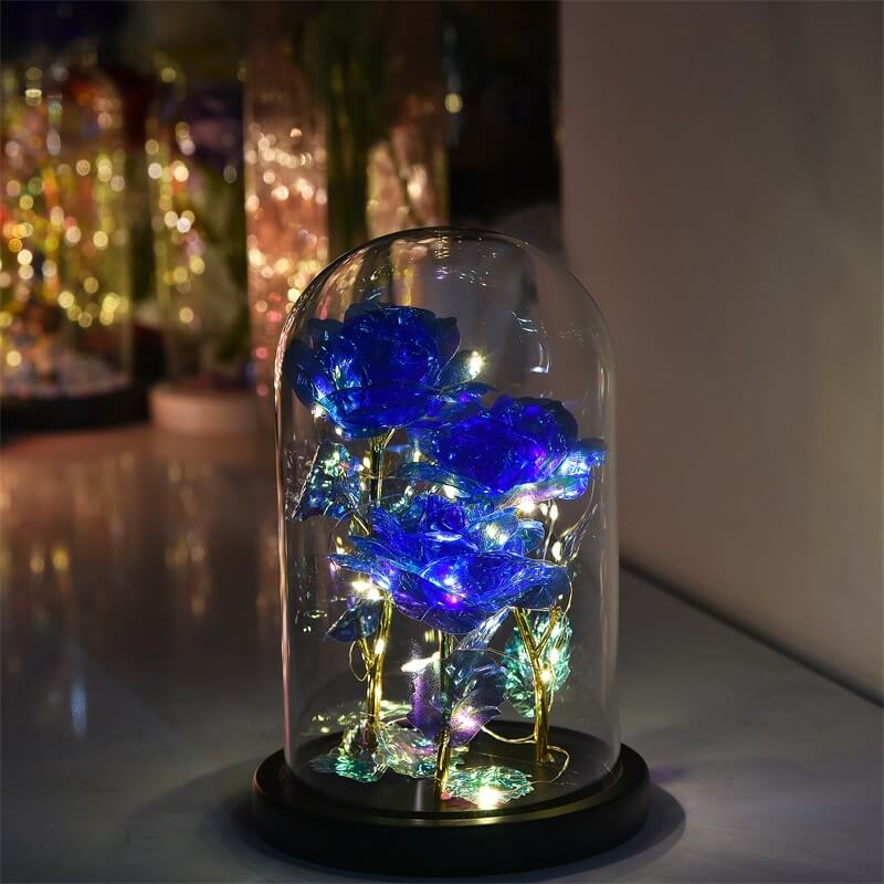 Three Crystal Roses in LED Glass Dome -  Blue