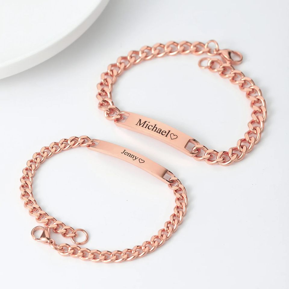 Couples Engraved Bracelet Set -  red rose color on grey background