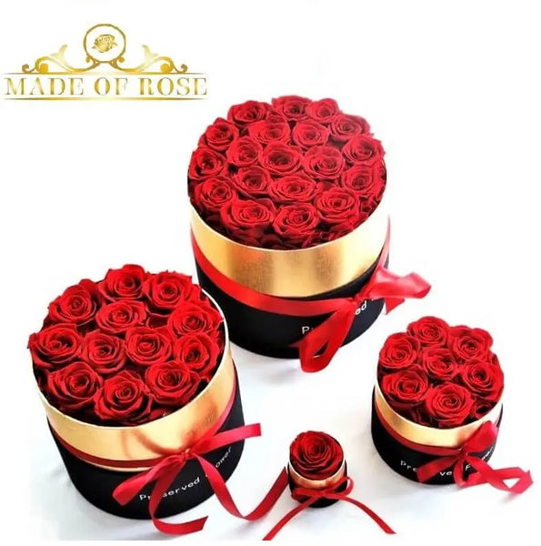 real red preserved roses in round giftboxes for sale and on display