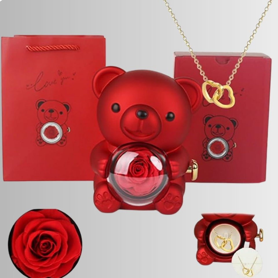 Preserved Rose Bear Box With Engraved Necklace