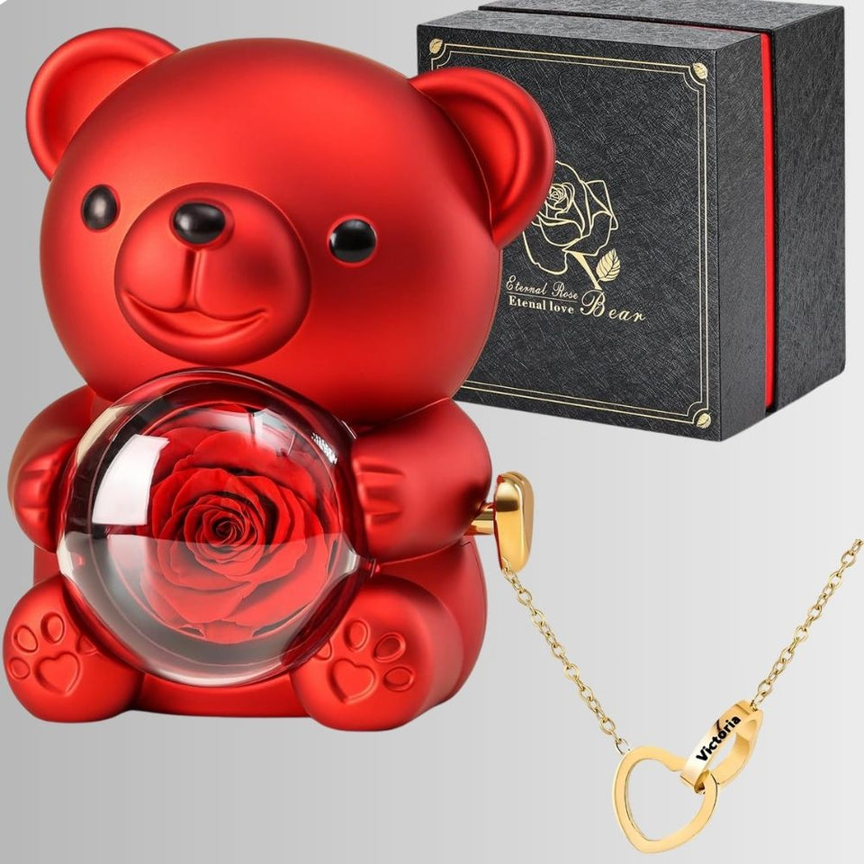 Preserved Rose Bear  With Engraved Necklace